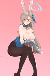  absurdres animal_ears asuna_(blue_archive) asuna_(bunny)_(blue_archive) bare_shoulders blue_archive blue_eyes blue_leotard blush bow bowtie breasts brown_pantyhose cleavage commentary detached_collar elbow_gloves fake_animal_ears female gloves hair_over_one_eye halo highleg highleg_leotard highres large_breasts leotard light_brown_hair long_hair looking_at_viewer mole mole_on_breast official_alternate_costume pantyhose playboy_bunny rabbit_ears sitting smile solo strapless strapless_leotard traditional_bowtie vantsuki white_gloves 