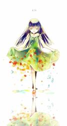  blue_hair closed_eyes curtsey dress female flower full_body furude_rika green_dress highres higurashi_no_naku_koro_ni kakera long_hair red_flower reflection ribbon sachikan skirt_hold smile solo standing sundress yellow_flower yellow_ribbon 