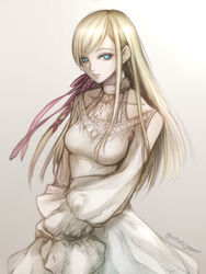  blonde_hair blue_eyes breasts collarbone commentary_request dress female final_fantasy final_fantasy_xiv gradient_background hair_ribbon highres hyur kininaljaguar long_hair long_sleeves looking_at_viewer medium_breasts minfilia_warde parted_lips pink_ribbon ribbon solo straight_hair twitter_username very_long_hair white_dress 