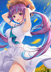  absurdres ahoge aqua_hair aqua_neckwear armpits arms_behind_head bangs blue_ribbon blue_sky braid commentary curcumin day dress eyebrows_visible_through_hair falling_petals female flower french_braid hair_ribbon hat highres hololive long_hair looking_at_viewer minato_aqua neck_ribbon open_mouth outdoors purple_eyes purple_hair ribbon sidelocks sky smile solo straw_hat sun_hat sundress sunflower twintails twitter_username virtual_youtuber white_dress 