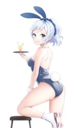  :d absurdres animal_ears ass back bare_arms bare_legs bare_shoulders black_leotard blue_eyes breasts cup detached_collar drinking_glass fake_animal_ears female from_behind hair_ornament haruka_poi highres holding leotard long_hair looking_at_viewer looking_back medium_breasts open_mouth playboy_bunny ponytail rabbit_ears rabbit_tail roller_skates shoulder_blades sidelocks sigsbee_(warship_girls_r) simple_background skates smile solo stool strapless strapless_leotard tail thighs tray warship_girls_r white_background white_footwear white_hair wrist_cuffs 