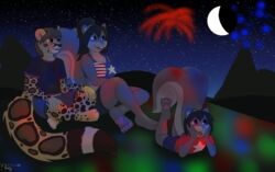  absurd_res anthro billie_(kanrodstavoyan) callie_(kanrodstavoyan) cheetah clothing felid feline fireworks group hair hi_res hybrid kanrod_stavoyan korben_brandis mammal moon night pantherine rodent sciurid sky snow_leopard star 