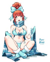  aqua_bikini aqua_bow aqua_footwear aqua_mittens bikini blue_scarf boots bow breasts christmas cleavage female full_body fur_trim hair_bun hairbow highres kenron_toqueen large_breasts merry_christmas mittens no_nose open_mouth original print_scarf red_hair scarf shadow simple_background single_hair_bun sitting solo swimsuit tomatita white_background 