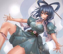  akehi_yuki blue_dress blue_eyes blue_hair breasts cleavage commentary dress english_commentary feet_out_of_frame female floral_print flower grey_background hagoromo hair_between_eyes hair_ornament hair_rings hair_stick kaku_seiga looking_at_viewer medium_breasts medium_hair open_clothes open_mouth open_vest outstretched_arms puffy_short_sleeves puffy_sleeves shawl short_sleeves smile solo touhou vest white_vest 