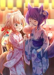  2girls animal_ear_fluff animal_ears bad_id bad_pixiv_id blurry blurry_background brown_flower brown_hair closed_eyes commentary_request cotton_candy depth_of_field eating floral_print flower food fox_ears fox_girl fox_tail hair_bun hair_flower hair_ornament holding holding_food japanese_clothes kimono konohana_kitan long_hair long_sleeves low_twintails market_stall multiple_girls night obi open_mouth outdoors pink_flower pink_kimono print_kimono purple_hair sash satsuki_(konohana_kitan) single_hair_bun standing stick_jitb tail twintails very_long_hair white_kimono wide_sleeves yellow_eyes yuzu_(konohana_kitan) 