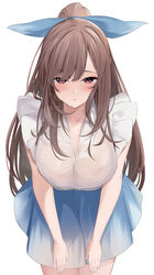  :o absurdres blue_skirt blush bow bra_visible_through_clothes breasts brown_hair cleavage enri_madoka female hairbow highres idolmaster idolmaster_shiny_colors large_breasts leaning_forward long_hair looking_at_viewer open_collar ponytail shirt simple_background skirt solo sweatdrop tsukioka_kogane very_long_hair white_background white_shirt 