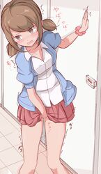  bathroom between_legs blue_jacket blush breasts brown_eyes brown_hair collarbone commentary_request door embarrassed female hair_tie hand_between_legs hand_up have_to_pee highres indoors jacket lass_(pokemon) medium_breasts miniskirt muroi_(fujisan0410) nose_blush open_mouth pleated_skirt pokemon pokemon_oras red_skirt scrunchie shirt short_hair short_sleeves skirt solo standing sweat talking tears translated trembling twintails white_shirt wrist_scrunchie 