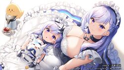  2girls apron artist_name azur_lane azur_lane:_slow_ahead belfast_(azur_lane) black_tea blue_dress blue_eyes blush braid breasts broken broken_chain chains cleavage collar collarbone commentary cup dress dual_persona end_card french_braid frilled_apron frilled_gloves frills gloves grey_hair hand_on_another&#039;s_head hat headpat large_breasts little_bel_(azur_lane) long_hair looking_at_viewer low_neckline lying lying_on_person maid maid_apron maid_headdress manjuu_(azur_lane) meowfficer_(azur_lane) mother_and_daughter multiple_girls official_art on_back on_lap open_mouth raiou ribbon sailor_hat second-party_source sitting smile tea teacup very_long_hair water_boiler white_apron white_gloves white_hair 