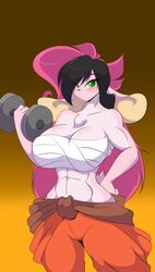  abs anthro barbell big_breasts big_ears black_hair black_nose blush breasts chest_wraps clothed clothing female floppy_ears fur green_eyes hair hi_res huge_breasts jumpsuit lagomorph leporid long_ears long_hair looking_at_viewer mammal mastergodai multicolored_body multicolored_fur multicolored_hair muscular muscular_anthro muscular_female pink_body pink_fur pink_hair rabbit rascals reiko_usagi solo two_tone_body two_tone_fur two_tone_hair wraps 