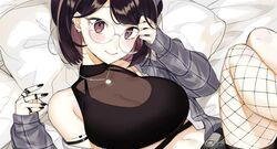  bare_shoulders black_hair breasts cleavage ear_piercing earclip female fishnets glasses jacket jewelry kotobuki_(medetai) large_breasts lying midriff navel nijisanji off_shoulder official_alternate_costume on_back piercing ring seto_miyako seto_miyako_(2nd_costume) short_hair smile solo virtual_youtuber 