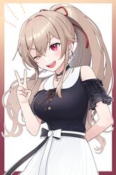  :d bare_shoulders black_choker black_shirt blush border bow breasts brown_hair choker cowboy_shot earrings female furen_e_lustario furen_e_lustario_(2nd_costume) hair_ribbon hand_up highres jewelry konogi_nogi large_breasts looking_at_viewer nijisanji one_eye_closed open_mouth outside_border ponytail red_border red_eyes red_ribbon ribbon shirt short_sleeves skirt smile solo v virtual_youtuber white_skirt 