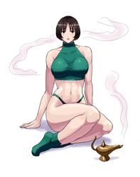  78_(tky8) abs bare_arms bare_legs bare_shoulders black_eyes black_hair breasts cleavage collarbone covered_nipples eyebrows_hidden_by_hair female final_fantasy final_fantasy_5 green_sports_bra lamp large_breasts looking_at_viewer open_mouth shadow short_hair simple_background sitting smoke solo sports_bra stomach vest white_background zephyrus 