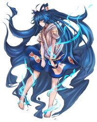  absurdly_long_hair akehi_yuki barefoot blue_bow blue_eyes blue_hair blue_skirt bow bracelet closed_mouth commentary drawstring female full_body grey_hoodie hairbow hood hoodie jewelry long_hair looking_at_viewer short_sleeves simple_background skirt solo touhou very_long_hair white_background yorigami_shion 