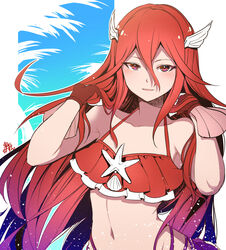  bikini cordelia_(fire_emblem) cordelia_(summer)_(fire_emblem) female fire_emblem fire_emblem_awakening fire_emblem_heroes gloves hair_lift hair_ornament hand_in_own_hair hands_in_hair hands_up highres holding holding_own_hair long_hair looking_at_viewer nakabayashi_zun navel parted_lips red_eyes red_gloves red_hair seashell shell solo swimsuit upper_body very_long_hair wing_hair_ornament 