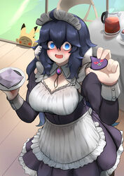  @_@ absurdres ahoge alternate_breast_size alternate_costume blue_eyes breasts character_cookie cleavage commentary commentary_request crumbs cup detective_pikachu detective_pikachu_(movie) dress enmaided female gengar hair_between_eyes hex_maniac_(pokemon) highres holding holding_plate john_(a2556349) kettle large_breasts long_hair looking_at_viewer maid maid_day messy_hair open_mouth pikachu plate pokemon pokemon_xy solo tea very_long_hair wrinkled_frown_(detective_pikachu) 