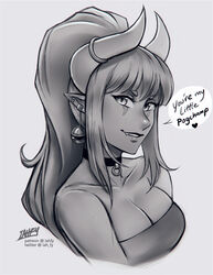  bare_shoulders breasts choker cleavage collarbone demon_girl demon_horns earclip earrings english_text facial_mark female greyscale horn_ornament horn_ring horns iahfy jewelry long_hair looking_at_viewer medium_breasts meme monochrome multiple_piercings my_little_pogchamp_(meme) o-ring o-ring_choker oerba_yun_fang original parted_lips pointy_ears ponytail short_eyebrows solo speech_bubble strapless synth_(iahfy) teeth tube_top upper_teeth_only 