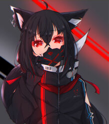  absurdres ahoge animal_ear_fluff animal_ears black_gloves black_hair black_hoodie braid commentary_request dark_persona ear_piercing evil_grin evil_smile female fox_ears fox_girl fox_tail gloves grin highres hololive hood hoodie kurokami_fubuki looking_at_viewer mask mask_pull mouth_mask piercing red_eyes sharp_teeth side_braid smile solo tail teeth temari_maco virtual_youtuber 