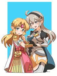  2girls absurdres armor blonde_hair blush breasts cape corrin_(female)_(fire_emblem) corrin_(fire_emblem) earrings fingerless_gloves fire_emblem fire_emblem_fates gloves grey_hair hair_between_eyes hair_ornament hairband headpiece highres hug jewelry juliet_sleeves long_hair long_sleeves looking_at_viewer multiple_girls omura_zojiki open_mouth pointy_ears princess_zelda puffy_sleeves red_eyes simple_background smile super_smash_bros. the_legend_of_zelda the_legend_of_zelda:_a_link_between_worlds triforce triforce_earrings white_hair yuri 