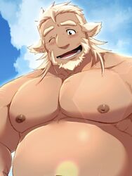  1boy animal_ears bara belly blonde_hair blush facial_hair furry furry_male goatee highres huckle_(live_a_hero) large_pectorals live_a_hero male_focus medium_hair mutton_chops nipples one_eye_closed open_mouth pectorals samoji_(beastlover) solo thick_arms thick_eyebrows topless_male upper_body 