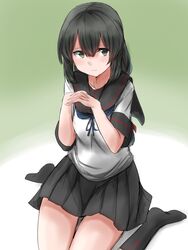  black_eyes black_hair black_sailor_collar black_skirt commentary_request female hair_between_eyes hair_down highres isonami_(kancolle) isonami_kai_ni_(kancolle) kamaboko_senshi kantai_collection looking_at_viewer no_shoes pleated_skirt sailor_collar school_uniform serafuku sidelocks sitting skirt solo wariza 