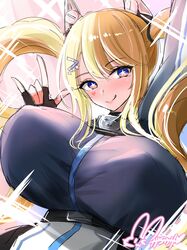  absurdres artist_name azur_lane black_gloves blonde_hair blue_eyes breasts female fingerless_gloves gigantic_breasts gloves guam_(azur_lane) highres hisin huge_breasts long_hair looking_at_viewer signature smile solo star-shaped_pupils star_(symbol) symbol-shaped_pupils twintails very_long_hair 