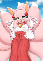  2023 4_fingers 9_tails accessory anthro asian_clothing asian_mythology bell blush bottomwear breasts canid canine claws clothed clothing cute_fangs digital_media_(artwork) dipstick_tail east_asian_clothing east_asian_mythology female female_anthro finger_claws fingers fox fox_spirit fur glistening glistening_eyes gloves_(marking) green_eyes hair hair_accessory hakama hi_res horokusa0519 japanese_clothing japanese_mythology jingle_bell kemono lehyperkitsune looking_at_viewer mammal markings miko_outfit multi_tail multicolored_body multicolored_fur mythology open_mouth pawpads paws pink_body pink_fur pink_hair portrait shrine_maiden small_breasts solo tail tail_markings three-quarter_portrait tongue white_body white_fur 