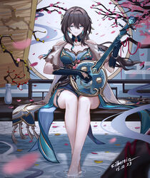  bamboo_screen bare_legs bare_shoulders barefoot black_hair blue_dress blue_eyes blue_gloves breasts cleavage clothing_cutout commentary dated dress english_commentary feet female full_body gloves highres holding holding_instrument honkai:_star_rail honkai_(series) instrument legs long_hair looking_at_viewer ruan ruan_mei_(honkai:_star_rail) short_sleeves shoulder_cutout silberein sitting smile soaking_feet solo thigh_strap toes very_long_hair water 