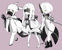  3girls black_mask blindfold blue_archive coat colored_skin ein_(blue_archive) highres long_hair long_sleeves mask medium_hair multiple_girls ocha_(popopogg) ohr_(blue_archive) respirator short_hair sof_(blue_archive) symbol-shaped_pupils tail twintails white_coat white_hair white_skin wide_sleeves x-shaped_pupils yellow_eyes 