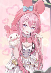  :d absurdres animal_ear_hood animal_ears back_bow blue_eyes blue_nails bow breasts cheek_poking cleavage commentary dress earrings fake_animal_ears female hand_puppet heart highres hood jewelry long_hair megurine_luka more_more_jump!_luka my_melody onegai_my_melody pink_hair poking poking_self project_sekai puppet sanrio sideways_glance smile solo symbol_in_eye very_long_hair vocaloid vs0mr white_dress 