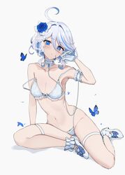  :/ absurdres ahoge alternate_costume arm_support armband armlet bikini blue_bikini blue_butterfly blue_eyes blue_flower blue_hair blue_rose bow bow_bra bra breasts bug butterfly chains choker cleavage cowlick drop-shaped_pupils feint721 female flower footwear_bow frilled_choker frills full_body furina_(genshin_impact) g-string genshin_impact gloves hair_between_eyes hair_flower hair_ornament hand_on_own_face heterochromia high_heels highleg highres looking_at_viewer medium_breasts medium_hair navel off_shoulder rose simple_background sitting skindentation solo stomach strap_slip swimsuit symbol-shaped_pupils thigh_strap thong underwear veil white_background white_bra white_choker white_footwear white_gloves white_hair yokozuwari 