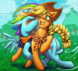  absurd_res applejack_(mlp) blonde_hair blush braided_hair closed_eyes clothing cowboy_hat cutie_mark day duo earth_pony equid equine eyebrows eyelashes female female/female feral feral_on_feral friendship_is_magic grass green_eyes hair hasbro hat headgear headwear hi_res hooves horse kissing_cheek mammal multicolored_hair my_little_pony mythological_creature mythological_equine mythology outside pegasus plant pony quadruped rainbow_dash_(mlp) rainbow_hair signature stencil_(artist) tree wings 