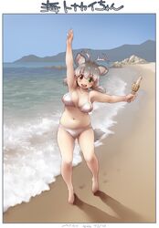  2022 animal_ears antlers beach bikini breasts collarbone corn_cob dated day deer_ears deer_girl deer_tail female green_eyes grey_hair heterochromia highres horns kemono_friends large_breasts looking_at_viewer medium_hair navel nyororiso_(muyaa) plump red_eyes reindeer_(kemono_friends) reindeer_antlers reindeer_girl solo swimsuit tail translation_request white_bikini 