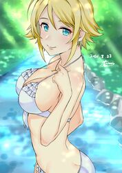  absurdres bare_shoulders bikini blonde_hair blurry blurry_background blush breasts cleavage closed_mouth dappled_sunlight dated day female frilled_bikini frills from_side front-tie_bikini_top front-tie_top grass green_eyes hand_up highres idolmaster idolmaster_cinderella_girls idolmaster_cinderella_girls_starlight_stage jewelry large_breasts larmen_sennin looking_at_viewer musical_note_necklace necklace outdoors river short_hair sideboob signature smile solo strap_pull sunlight swimsuit tree umeki_otoha white_bikini 