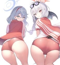  2girls absurdres ako_(blue_archive) ako_(track)_(blue_archive) ass ass_focus bat_wings blue_archive blue_eyes blue_hair breasts buruma from_behind glasses grey_hair gym_uniform hair_between_eyes halo haruna_(blue_archive) haruna_(track)_(blue_archive) highres jacket large_breasts long_hair long_sleeves looking_at_viewer multiple_girls official_alternate_costume open_clothes open_jacket red_buruma red_eyes red_jacket shirt short_sleeves sidelocks simple_background smile sorozukin sweat t-shirt track_jacket white_background wings 