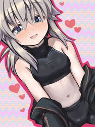  bike_shorts black_jacket black_shirt black_shorts blonde_hair blue_eyes blush breasts commentary_request crop_top female groin heart highres jacket koshirae_tsurugi_(m.m) long_hair m.m midriff navel off_shoulder open_mouth original ponytail shirt shorts sitting sleeveless sleeveless_shirt smile solo spread_legs track_jacket 