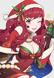  blue_cape bodysuit breasts brown_gloves candy candy_cane cape christmas facial_mark female fire_emblem fire_emblem_engage fire_emblem_heroes food gloves hair_ornament hat highres holding holding_sack holly_hair_ornament ice_pick large_breasts looking_at_viewer multicolored_cape multicolored_clothes official_alternate_costume one_eye_closed peach11_01 red_bodysuit red_cape red_eyes red_hair sack santa_hat solo star_(symbol) star_facial_mark star_hair_ornament star_print two-tone_cape yunaka_(fire_emblem) yunaka_(fire_emblem)_(spirited_envoy) 