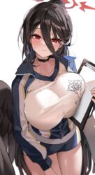  black_choker black_hair black_shorts black_wings blue_archive blush breasts choker closed_mouth cowboy_shot feathered_wings female gym_shirt gym_shorts gym_uniform hailiu halo hasumi_(blue_archive) hasumi_(track)_(blue_archive) highres jacket large_breasts long_hair long_sleeves looking_at_viewer mole mole_under_eye official_alternate_costume ponytail red_eyes red_halo shirt shorts simple_background solo track_jacket very_long_hair white_background white_shirt wings 