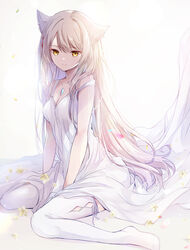  animal_ears braid breasts cat_ears chest_jewel cleavage closed_mouth commentary diamond_cutout dress female flower grey_hair highres long_hair looking_at_viewer medium_breasts mio_(xenoblade) no_shoes official_alternate_hairstyle single_braid sitting sleeveless sleeveless_dress smile solo strap_slip thighhighs ui_frara very_long_hair wariza white_background white_dress white_flower white_thighhighs xenoblade_chronicles_(series) xenoblade_chronicles_3 yellow_eyes 