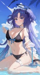  absurdres alternate_costume bare_legs barefoot bikini black_bikini blue_archive blush breasts choker cleavage closed_mouth day female garter_straps groin halo highres jacket kuuhaku_(wutt5584) large_breasts long_hair long_sleeves mechanical_halo navel ocean outdoors palm_leaf purple_eyes purple_hair see-through see-through_jacket see-through_sleeves solo stomach swimsuit two_side_up water white_choker yuuka_(blue_archive) 