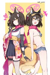  2girls absurdres animal_ear_fluff animal_ears ass bare_shoulders bikini black_gloves blue_archive blush breasts brown_hair chinese_commentary commentary_request denim denim_shorts dual_persona eyeshadow flower fox_ears fox_girl fox_tail gloves hair_flower hair_ornament halo highleg highleg_bikini highres izuna_(blue_archive) izuna_(swimsuit)_(blue_archive) kneepits looking_at_viewer makeup micro_shorts multiple_girls multiple_views open_mouth pink_halo pink_scarf pom_pom_(clothes) pom_pom_hair_ornament red_eyeshadow scarf school_uniform short_hair shorts smile standing striped_bikini striped_clothes sunflower sunflower_hair_ornament swimsuit tail visor_cap yellow_eyes youguo_naberu 