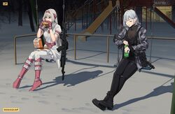  2girls absurdres ak-12 ak-12_(faint_light_of_furthest_day)_(girls&#039;_frontline) ak-12_(girls&#039;_frontline) alternate_costume an-94 an-94_(girls&#039;_frontline) aqua_eyes assault_rifle bad_id bad_pixiv_id bare_tree black_footwear black_nails black_pants boots breasts burger camouflage camouflage_jacket can cleavage commission crossed_legs dress drink_can eating english_commentary food girls&#039;_frontline gloves grey_hair gun hairband highres holding holding_burger holding_food j_adsen jacket kalashnikov_rifle mixed-language_commentary multiple_girls official_alternate_costume open_clothes open_jacket open_mouth pants pantyhose pink_footwear pink_gloves pink_hairband playground rifle russian_commentary russian_text shop sitting snow soda_can swing thigh_boots tree vkusno_i_tochka weapon white_dress white_pantyhose winter 