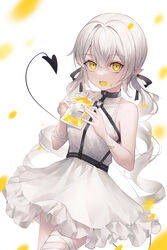  :d absurdres bandaid black_ribbon commentary crystalherb demon_tail dress female hair_between_eyes highres looking_at_viewer o-ring original pointy_ears ribbon sleeveless sleeveless_dress smile standing symbol-only_commentary tail twintails white_background white_dress white_hair yellow_eyes 