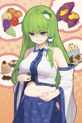  apple belly_grab blue_eyes blue_skirt blue_trim bowl breasts chestnut commentary_request cowboy_shot crop_top detached_sleeves female food frog frog_hair_ornament fruit grapes green_hair hair_ornament halftone halftone_background hand_on_own_stomach highres kanpa_(campagne_9) kochiya_sanae large_breasts light_brown_background long_hair long_sleeves looking_down matsutake_(mushroom) midriff mont_blanc_(food) muffin_top mushroom navel parted_lips persimmon plump rice rice_bowl roasted_sweet_potato shadow skirt sleeveless snake snake_hair_ornament solo sweet_potato touhou unzipped weight_conscious white_snake wide_sleeves wing_collar zipper zipper_pull_tab 