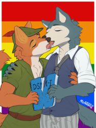  3:4 absurd_res anthro beastars bodily_fluids book canid canine canis clothed clothing dated diagnostic_and_statistical_manual_of_mental_disorders digital_media_(artwork) disney drooling duo fox french_kissing fur grey_body grey_fur hat headgear headwear hi_res kissing legoshi_(beastars) lgbt_pride lgbt_pride_month male male/male mammal meme miramore pride_color_background pride_colors rainbow_pride_colors red_fox robin_hood robin_hood_(disney) saliva signature simple_background six-stripe_rainbow_pride_colors tongue true_fox wolf 