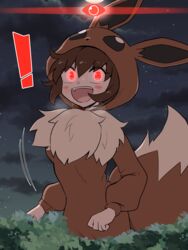  ! absurdres alpha_pokemon blush_stickers breasts brown_hair brown_hood cloud commentary_request cosplay cowboy_shot eevee eevee_(cosplay) eevee_ears eevee_tail female giant giantess glowing glowing_eyes hair_between_eyes heavy_breathing highres hood hood_up kigurumi kurachi_mizuki long_sleeves looking_at_viewer medium_breasts moon motion_lines night night_sky oerba_yun_fang onesie open_mouth outdoors poke_kid_(pokemon) pokemon pokemon_ears pokemon_legends:_arceus pokemon_tail red_eyes short_hair sky solo standing star_(sky) starry_sky sweat tail tree 