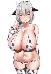  animal_ears animal_print bikini breasts closed_eyes cow_ears cow_horns cow_print cow_print_bikini cow_print_gloves cow_print_thighhighs cowboy_shot elbow_gloves fake_animal_ears fake_horns female gloves grey_hair hair_between_eyes hair_over_shoulder highres horns huge_breasts legs_together long_hair mature_female navel open_mouth partially_fingerless_gloves print_bikini print_gloves print_thighhighs simple_background solo standing swimsuit tf_cafe thighhighs uzaki-chan_wa_asobitai! uzaki_tsuki white_background 