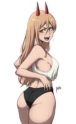  absurdres ass black_panties blonde_hair blush breasts chainsaw_man demon_girl demon_horns female highres horns long_hair looking_at_viewer looking_back medium_breasts mistowing no_bra panties power_(chainsaw_man) sharp_teeth sideboob simple_background smile solo tank_top teeth underwear white_background white_tank_top yellow_eyes 