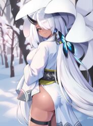  ass aya_(trickcal) bare_tree bloody0rabby breasts butterfly_hair_ornament dark-skinned_female dark_skin earrings female hair_ornament hair_over_one_eye highres horns japanese_clothes jewelry kimono large_breasts long_hair looking_at_viewer looking_back mole mole_on_ass obi oni oni_horns outdoors sash side_slit signature sleeves_past_fingers sleeves_past_wrists smile snow solo tree trickcal very_long_hair white_hair white_kimono winter yellow_eyes yuki_onna 