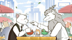  16:9 anthro ao_lie cafeteria canid canine clothing dessert domestic_cat doraemonbasil dragon duo eastern_dragon eating fei_ren_zai_(non_human) felid feline felis food fur hi_res horn ice_cream male male/male mammal mythological_creature mythological_scalie mythology necktie scalie smiling_at_partner topwear vest white_body white_clothing white_fur widescreen 