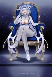  absurdres alternate_costume blue_eyes blue_hair breasts elira_pendora elira_pendora_(4th_costume) english_commentary evangellium fangs female full_body hair_intakes hair_over_one_eye head_wings headband highres nijisanji nijisanji_en official_alternate_costume sitting sparkle virtual_youtuber wings 